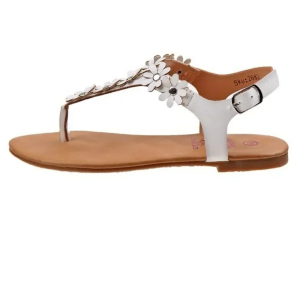 Y•Not? Kid Girls Thong Sandal with Metallic Silver Flower Accents - White 12M